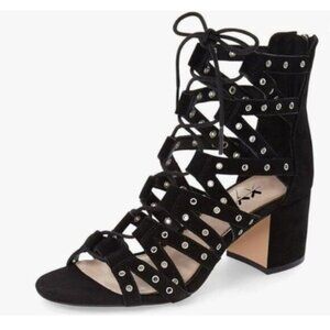 XYD Black Gladiator Caged Block Heel Open Toe Straps Cutout Back Zipper Sandals
